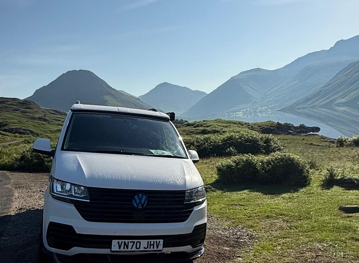 Cuddy the VW T6 campervan parked in front of mountains and a lake — Wasdale Head, Lake District